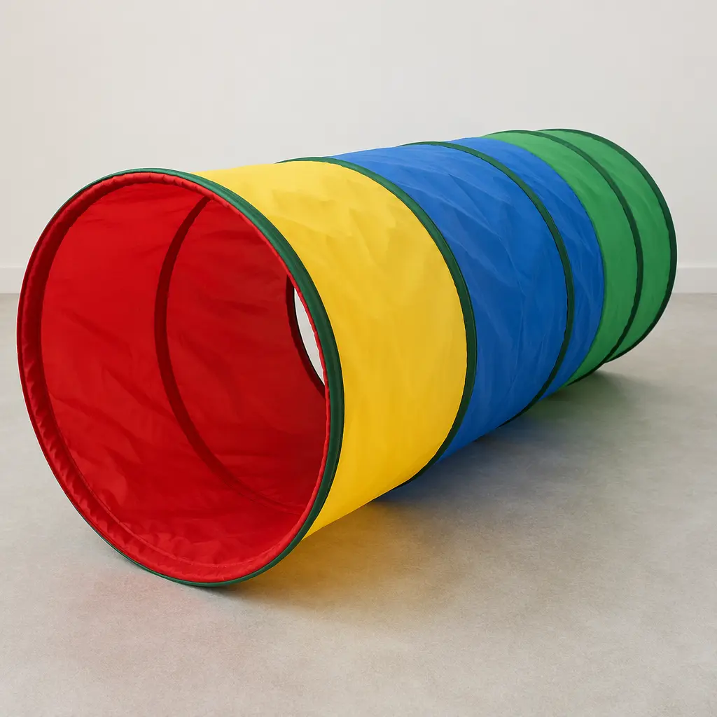 A brightly colored fabric play tunnel for children, shown empty on a studio floor