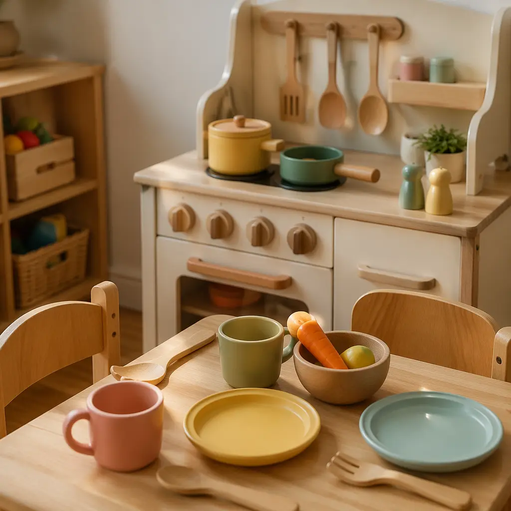 Toy kitchen setup designed for pretend family meals