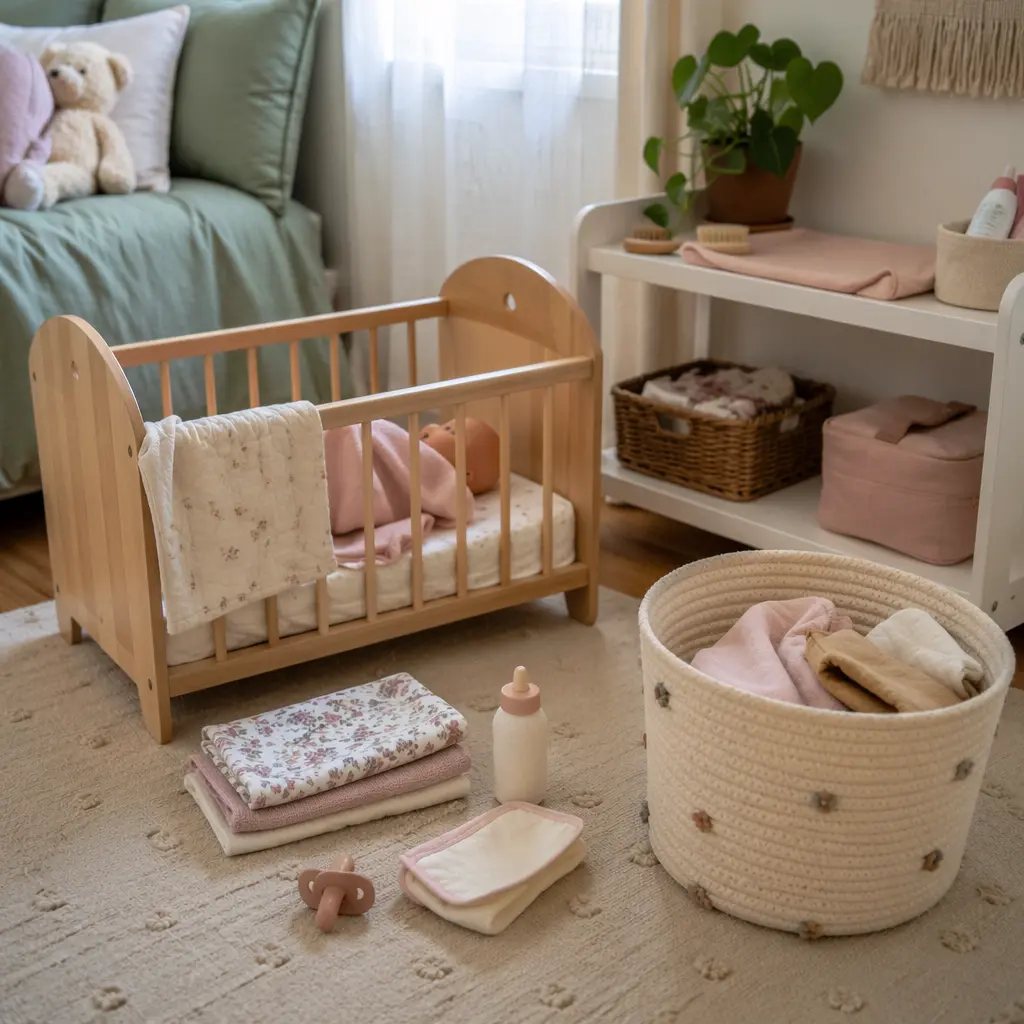 Pretend caregiving toys arranged to resemble a family bedroom