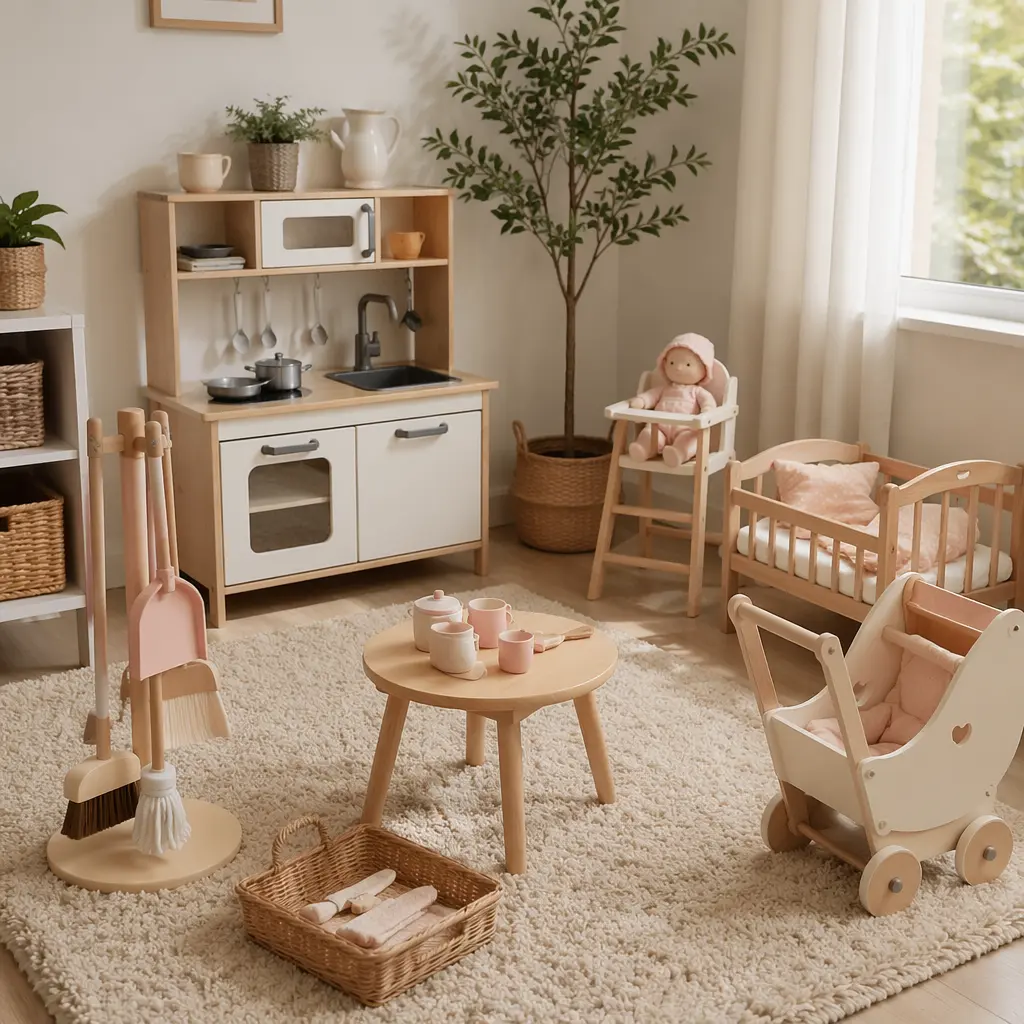 Pretend play toys arranged like a small home environment in a bright playroom