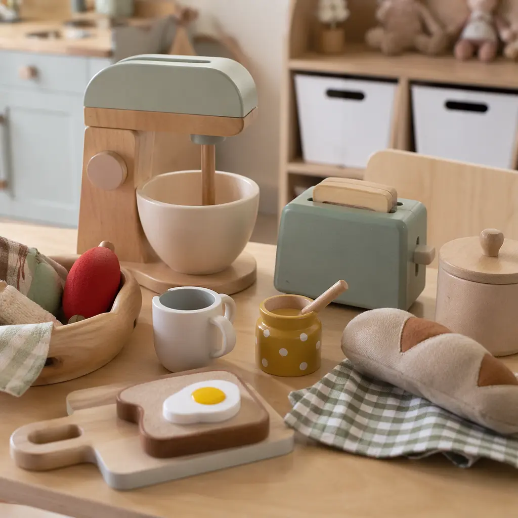 Close-up of simple pretend play toys arranged at toddler height.