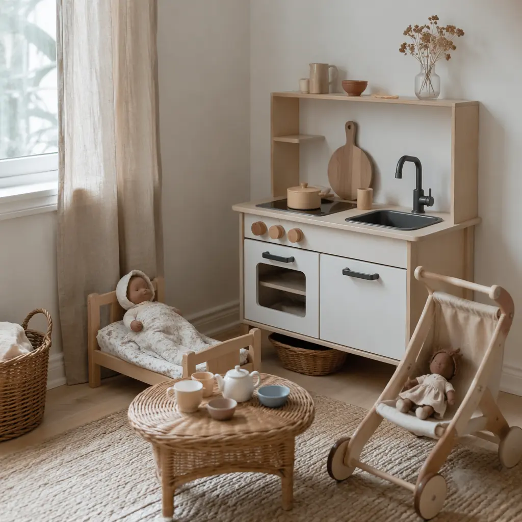 A minimalist play corner featuring toddler-friendly pretend play items.