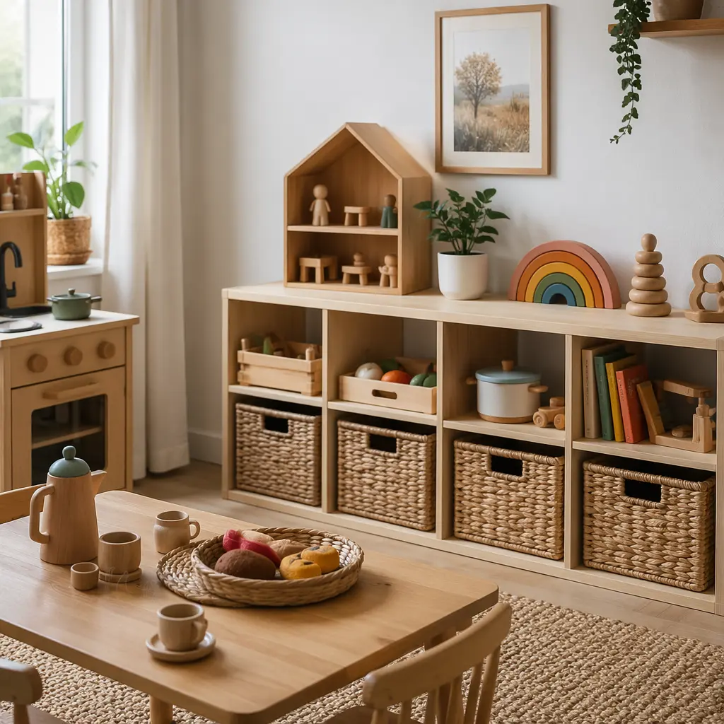 A calm toddler play space with simple pretend play toys arranged on low shelves.