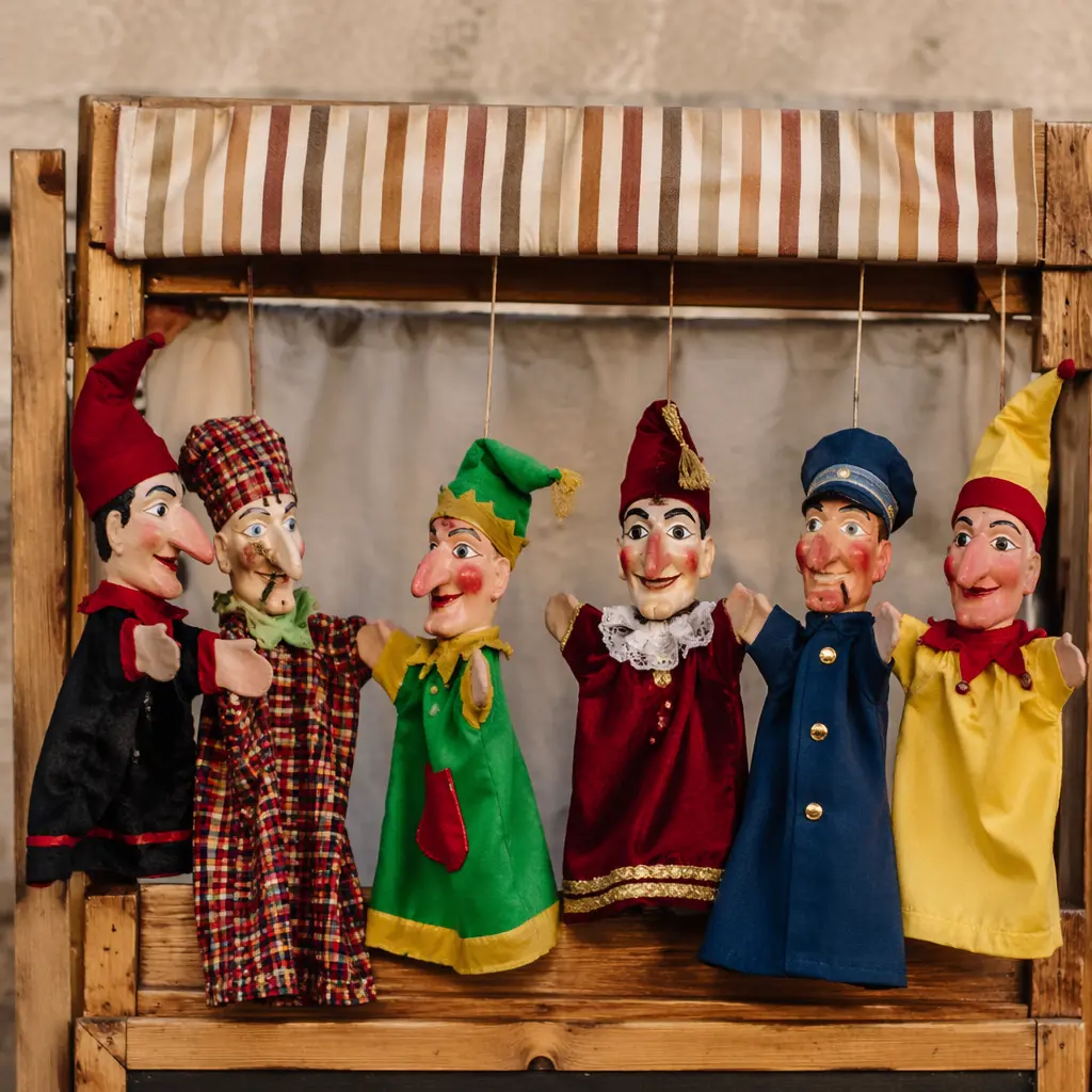 A set of traditional glove puppets displayed on a small puppet booth