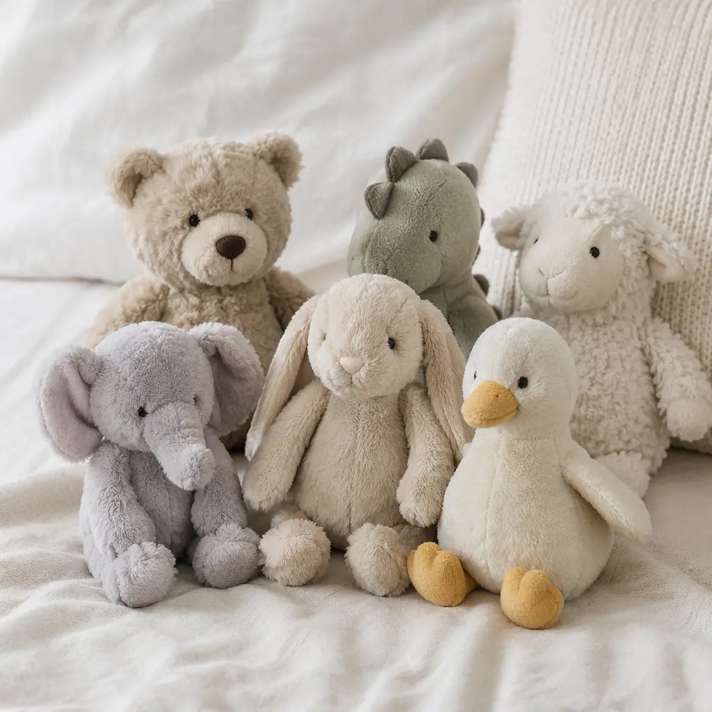 Small plush animals arranged on a soft blanket in natural light