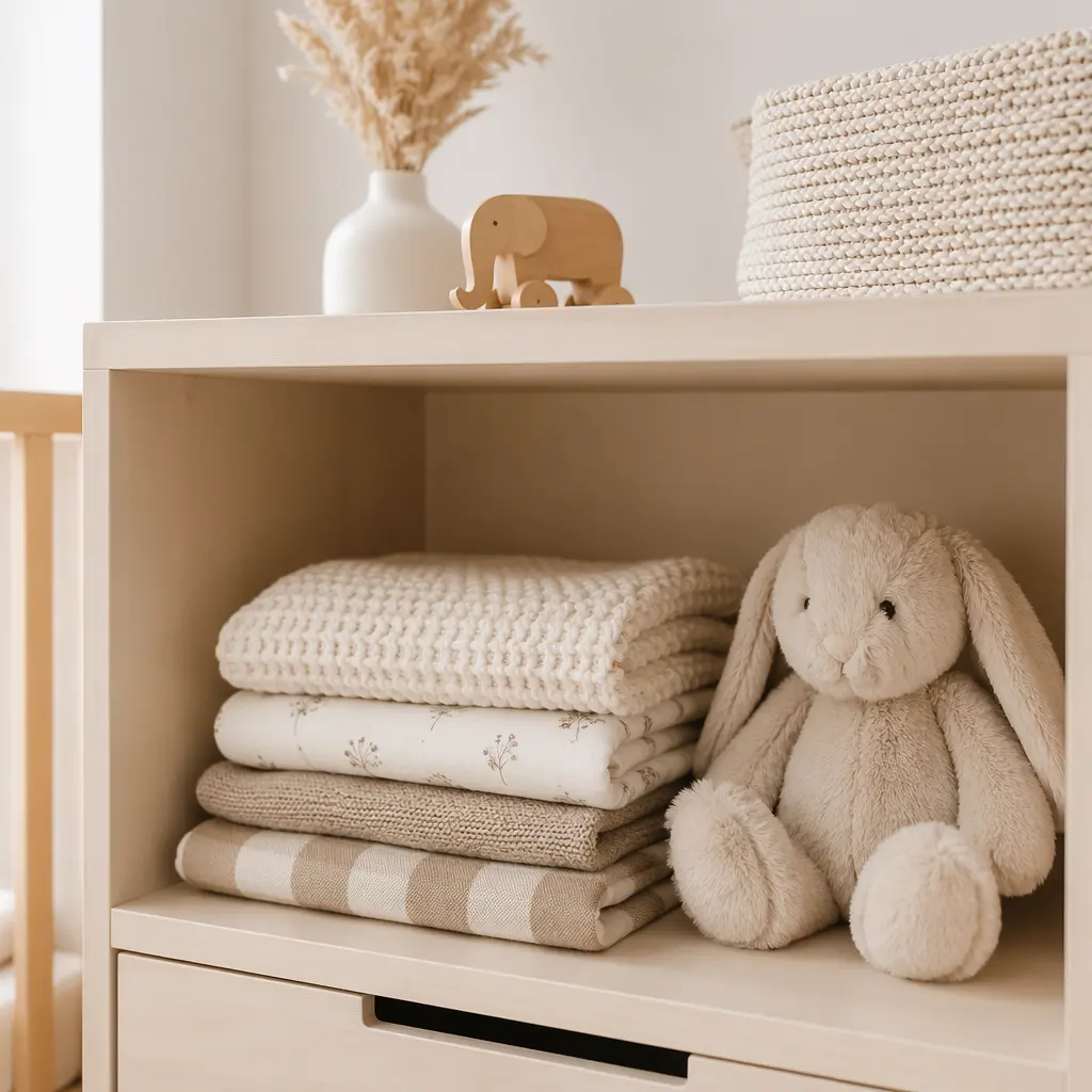 Minimal nursery shelf with blankets and a soft plush toy