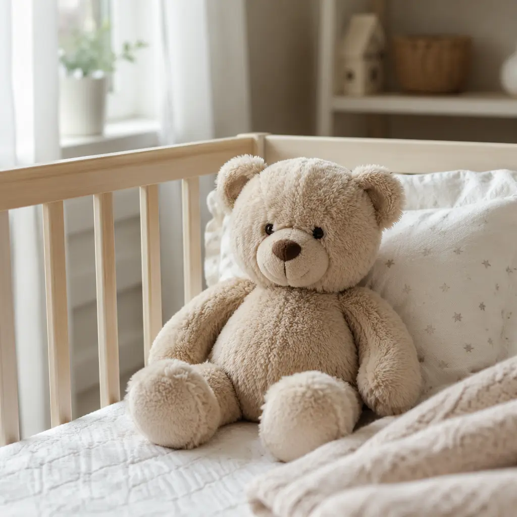 Simple plush teddy bear in a softly lit nursery crib