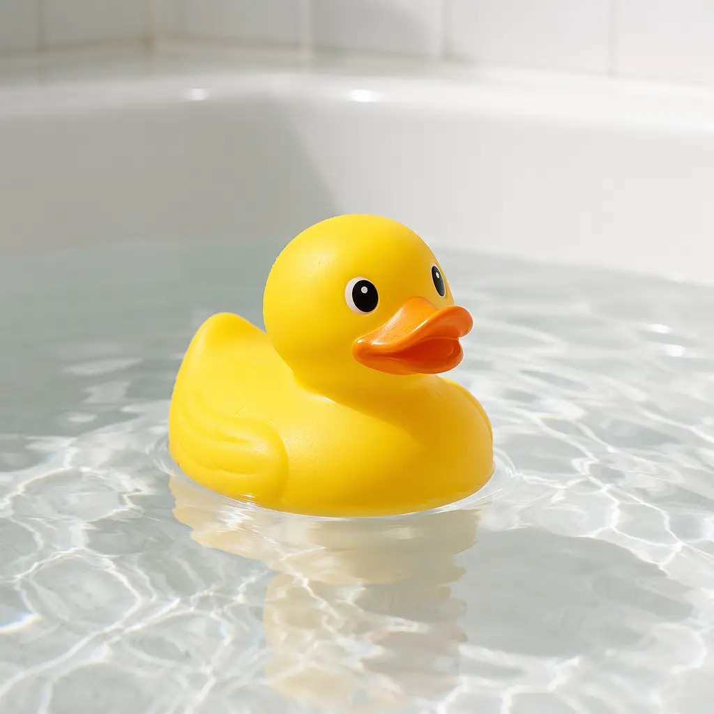 A classic yellow rubber duck floating in a bath