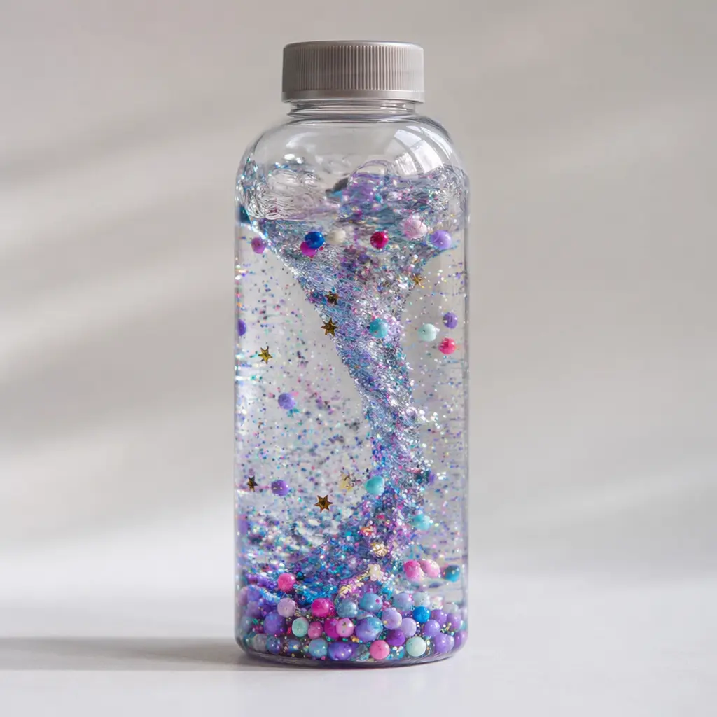 A clear sensory bottle with glitter and beads slowly swirling inside