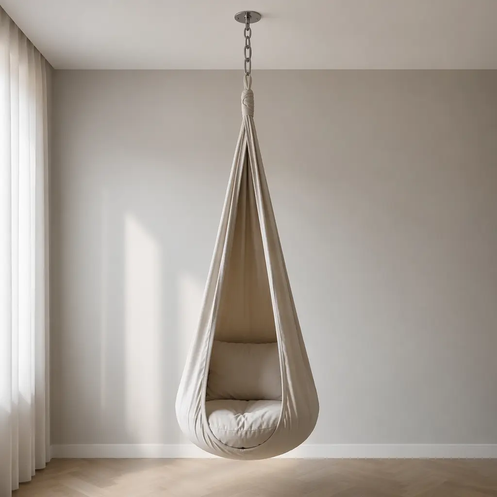 A soft fabric sensory swing hanging indoors in a calm, neutral space