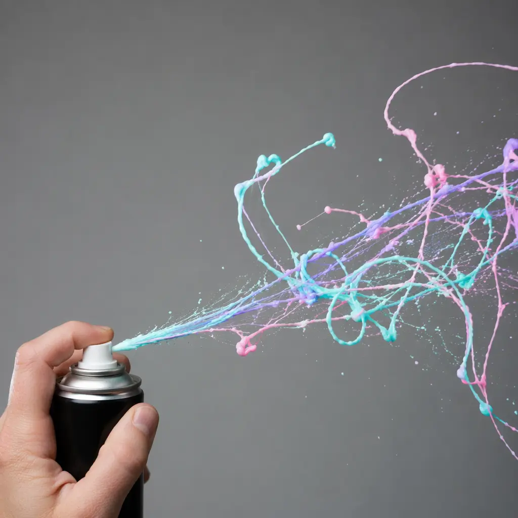 Colorful aerosol string arcing through the air in a playful tangle