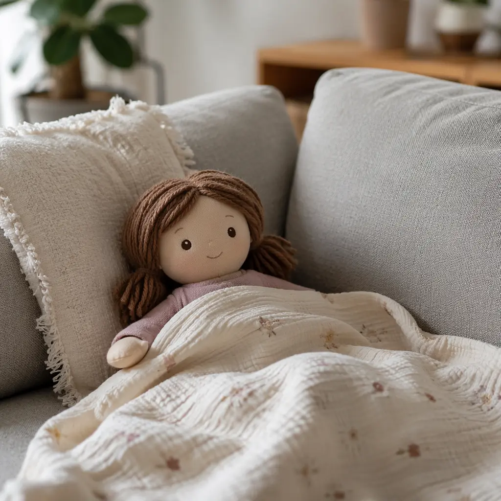 A small soft doll tucked into a blanket on a couch