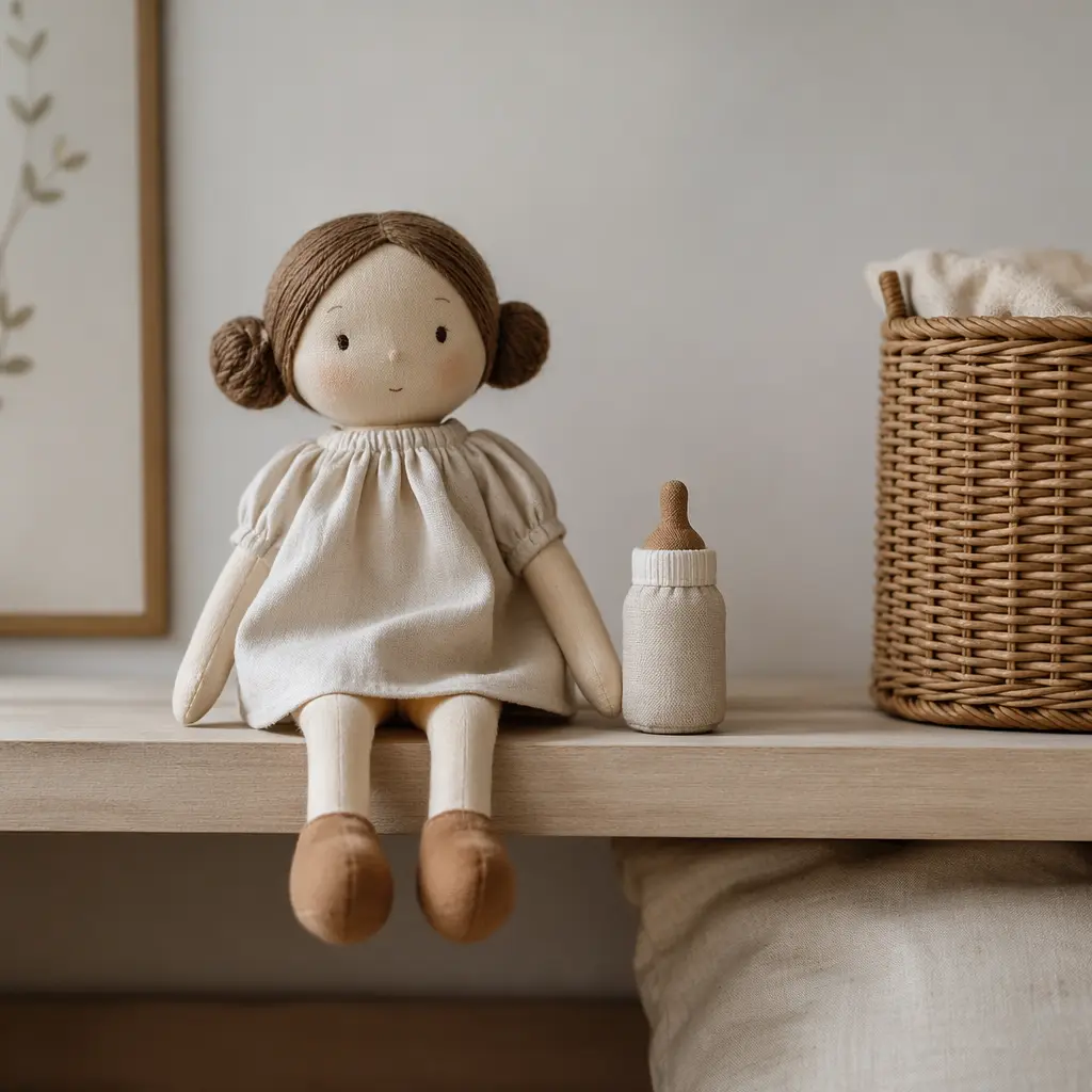 A cloth doll with a small fabric bottle on a low shelf