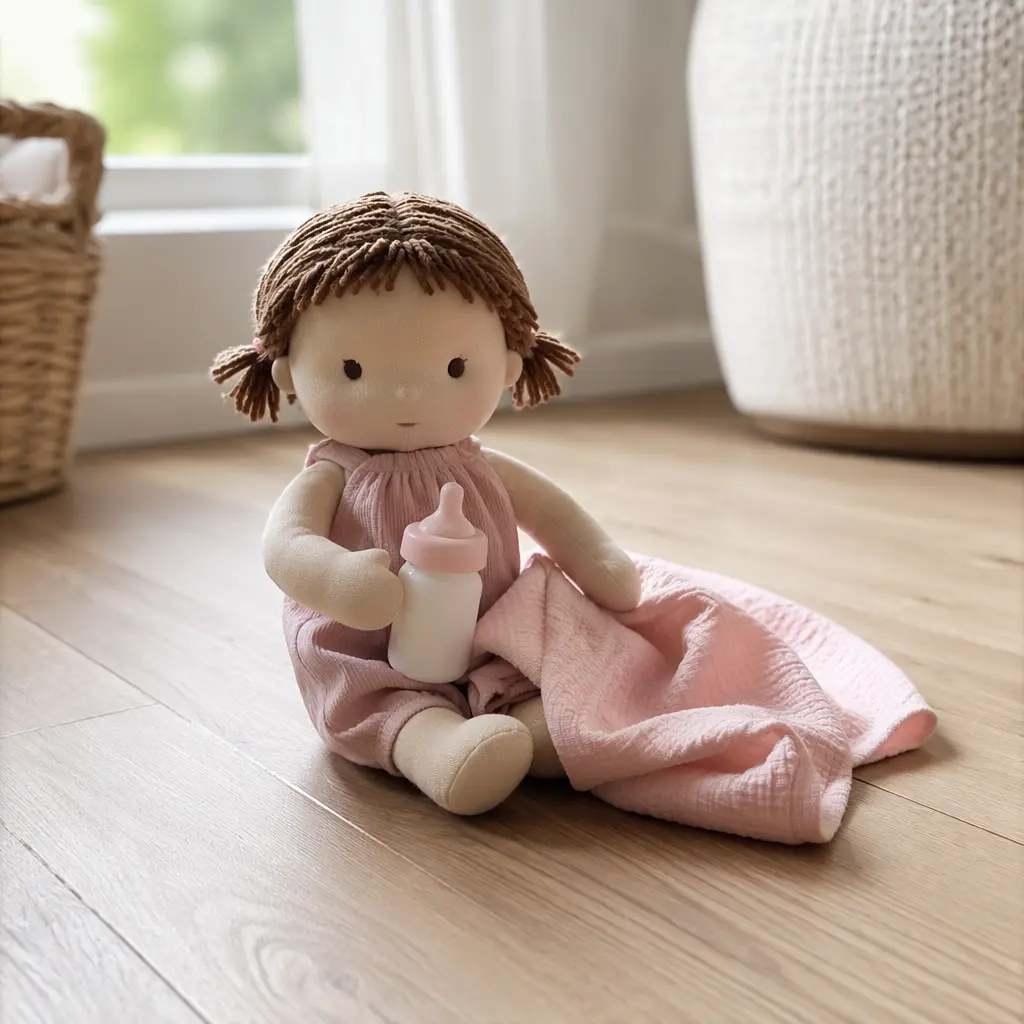A soft cloth baby doll with basic care accessories in a calm, modern home setting
