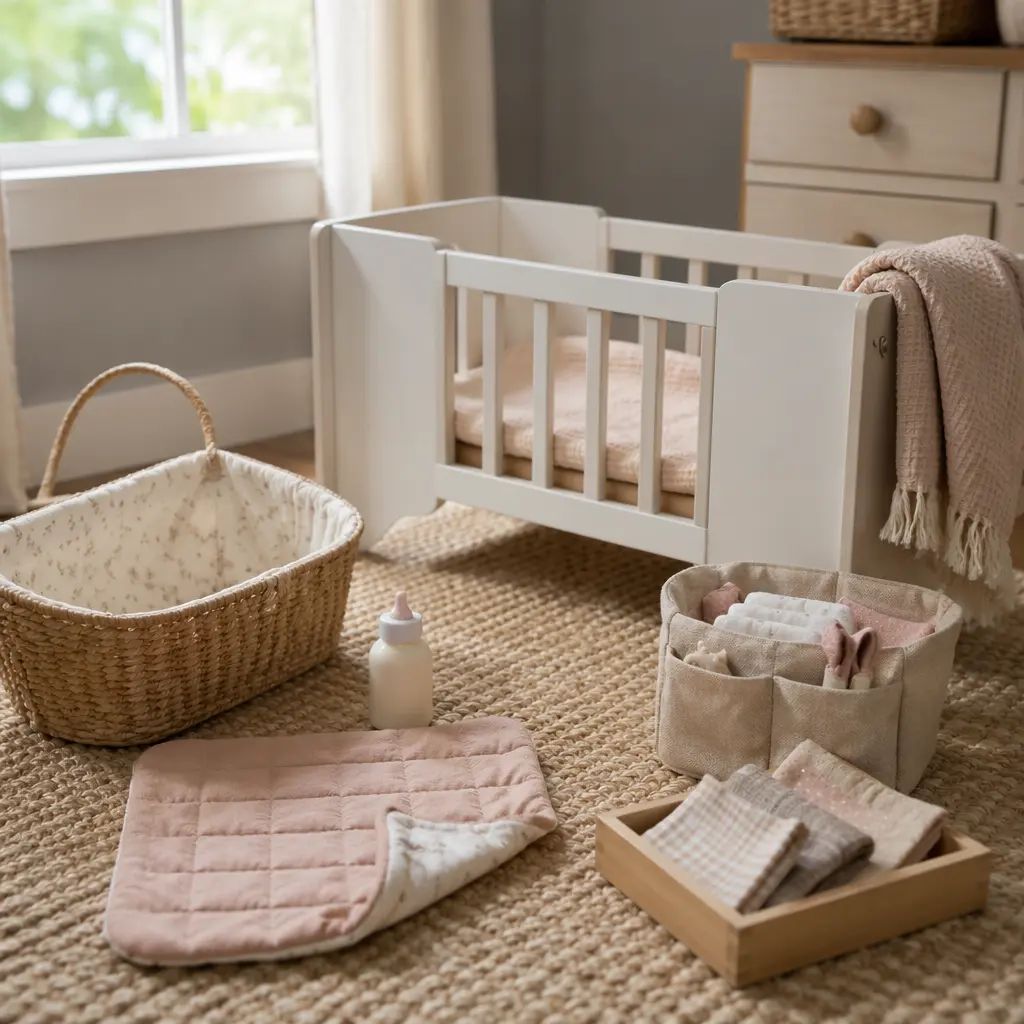 Toddler-sized doll accessories arranged on a rug