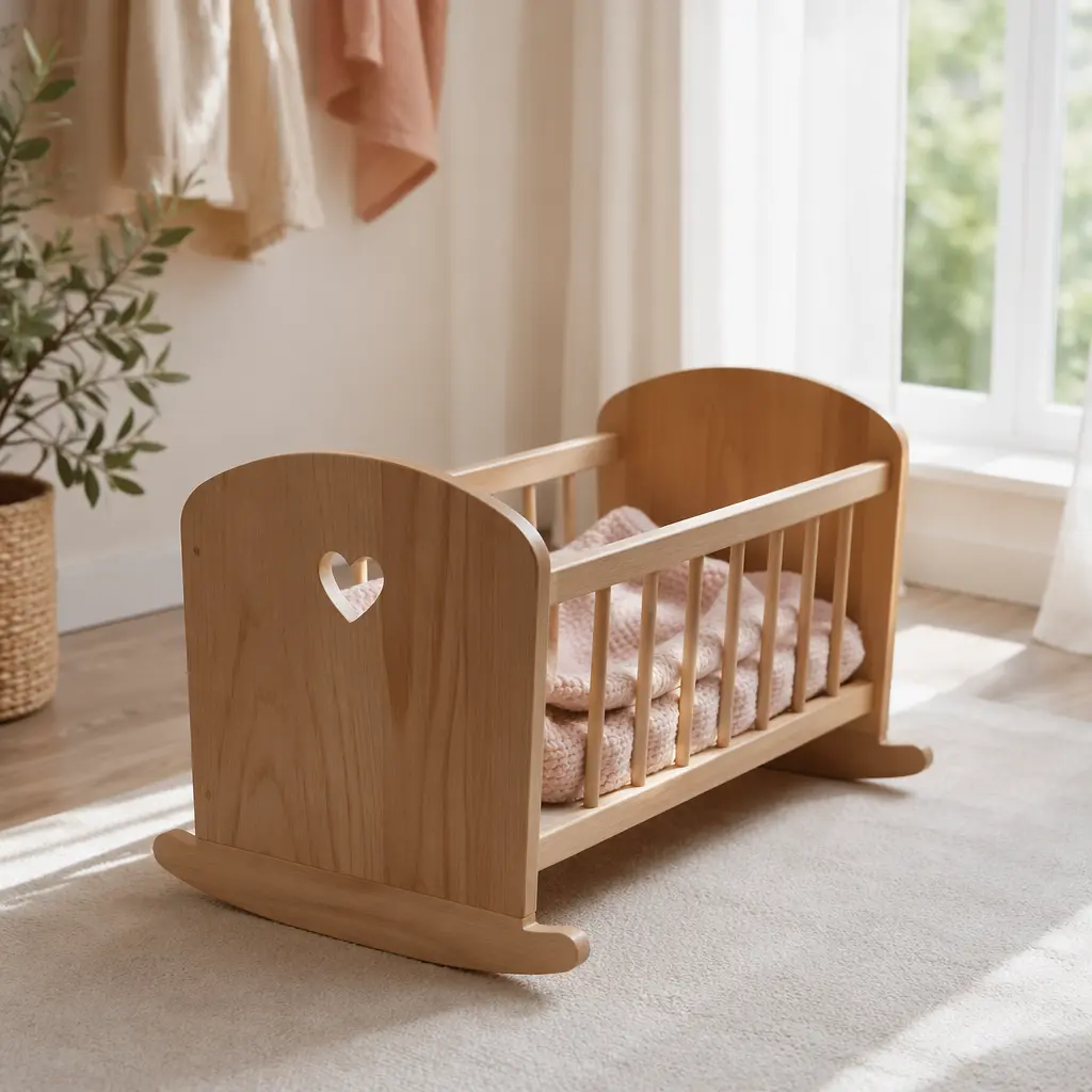 Simple wooden doll crib with a blanket in soft light