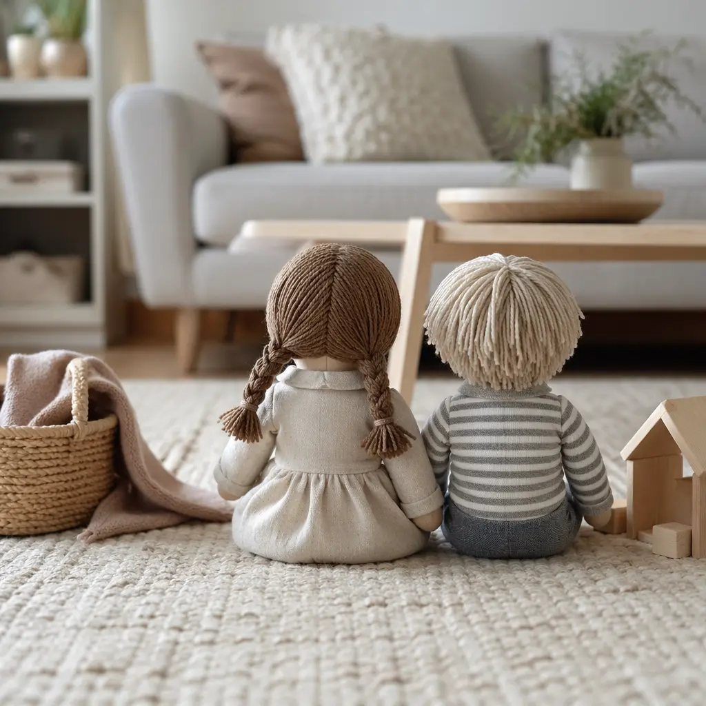 Simple soft dolls and everyday accessories arranged on a living room floor