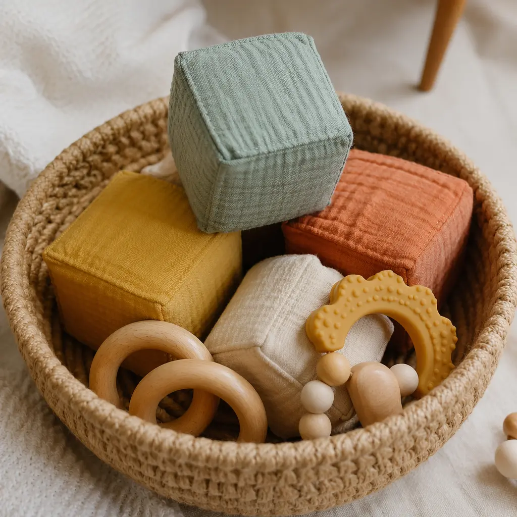 Basket holding fabric blocks, wooden rings, and a rubber teether.