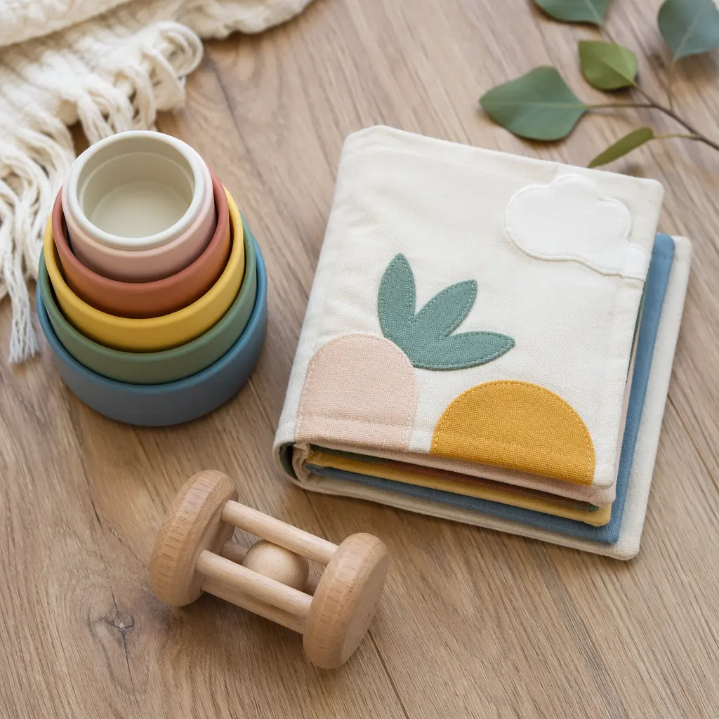 Stacking cups, a fabric book, and a wooden rattle arranged on the floor.