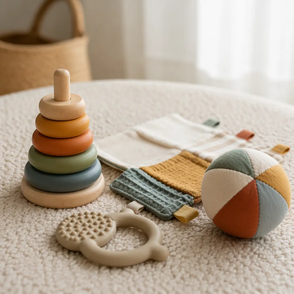 Simple classic baby toys made of wood and fabric arranged on a soft rug.