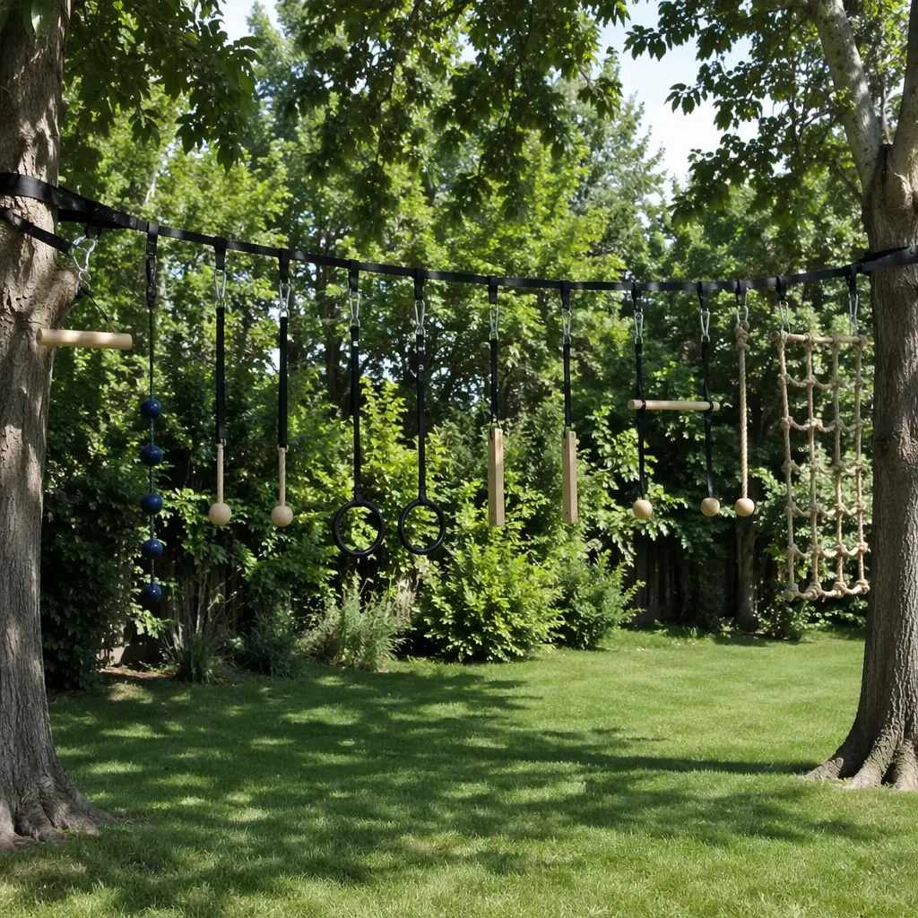 A backyard ninja-style obstacle line with hanging grips and rings between two trees