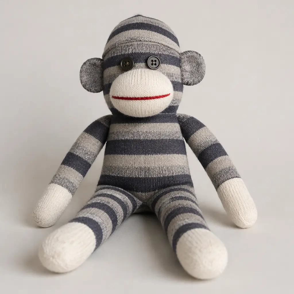 A classic sock monkey plush made from striped socks, photographed in soft natural light.