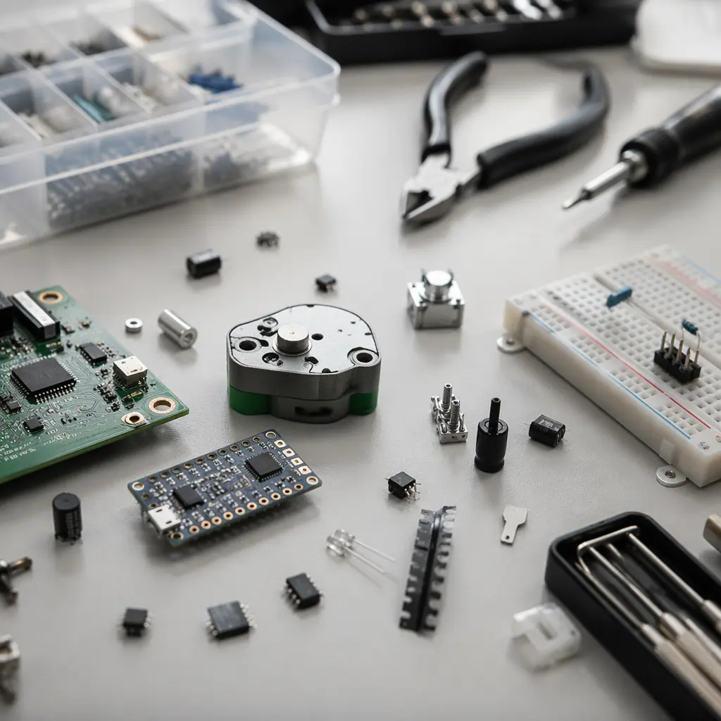 Electronics and mechanical parts used in hands-on STEM kits
