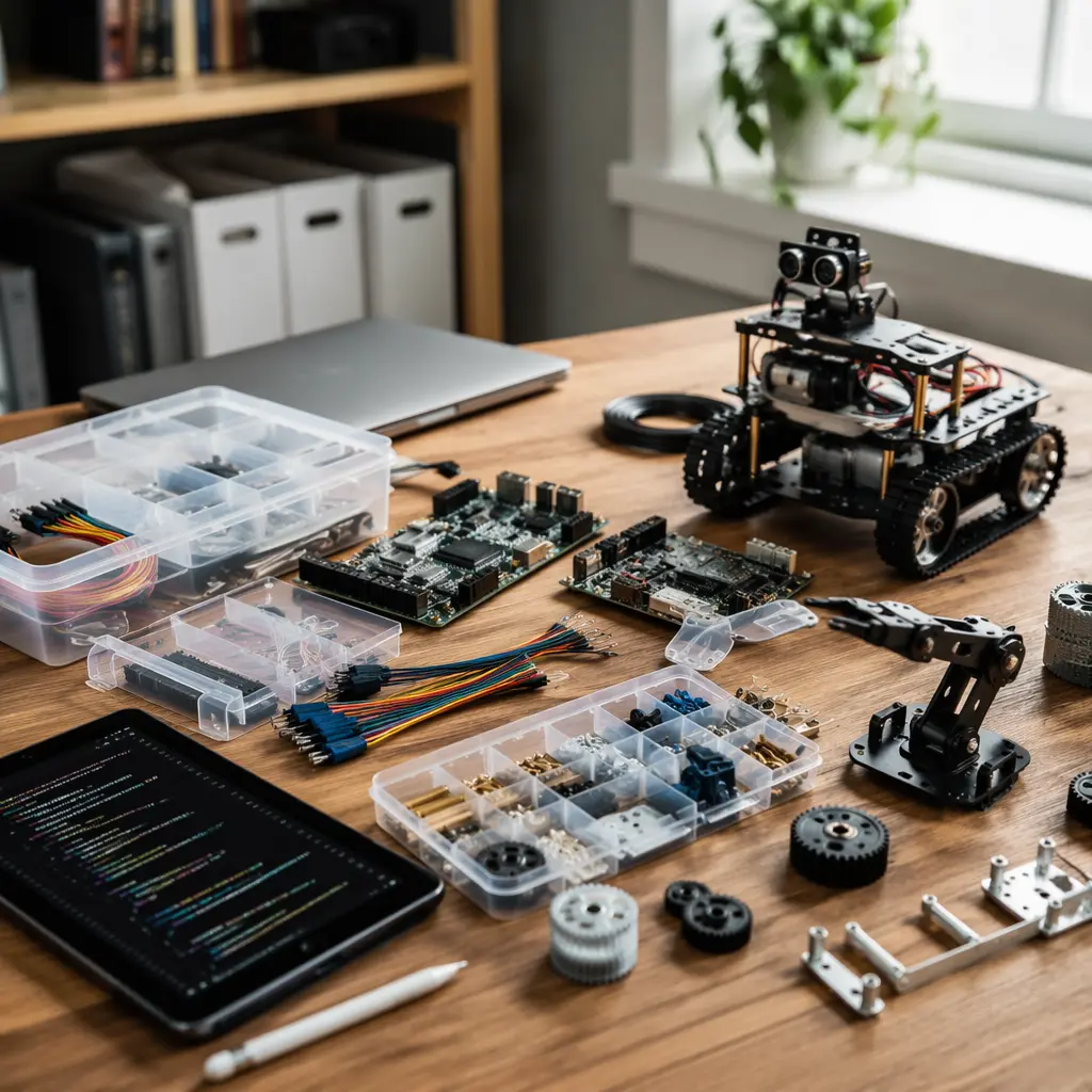 Hands-on STEM kits for teens arranged like real tools on a workbench
