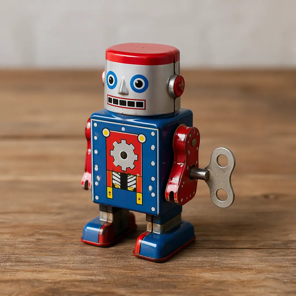 A classic tin wind-up toy with a metal key resting on a wooden table