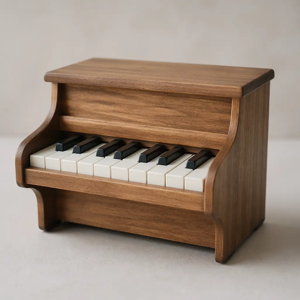 A classic child-sized toy piano photographed in soft studio light