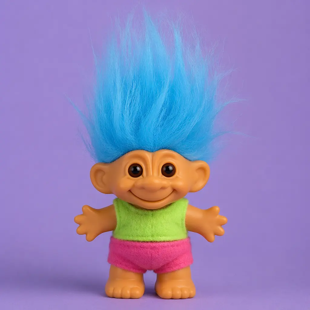 A classic-style troll doll with bright hair and a cheerful expression