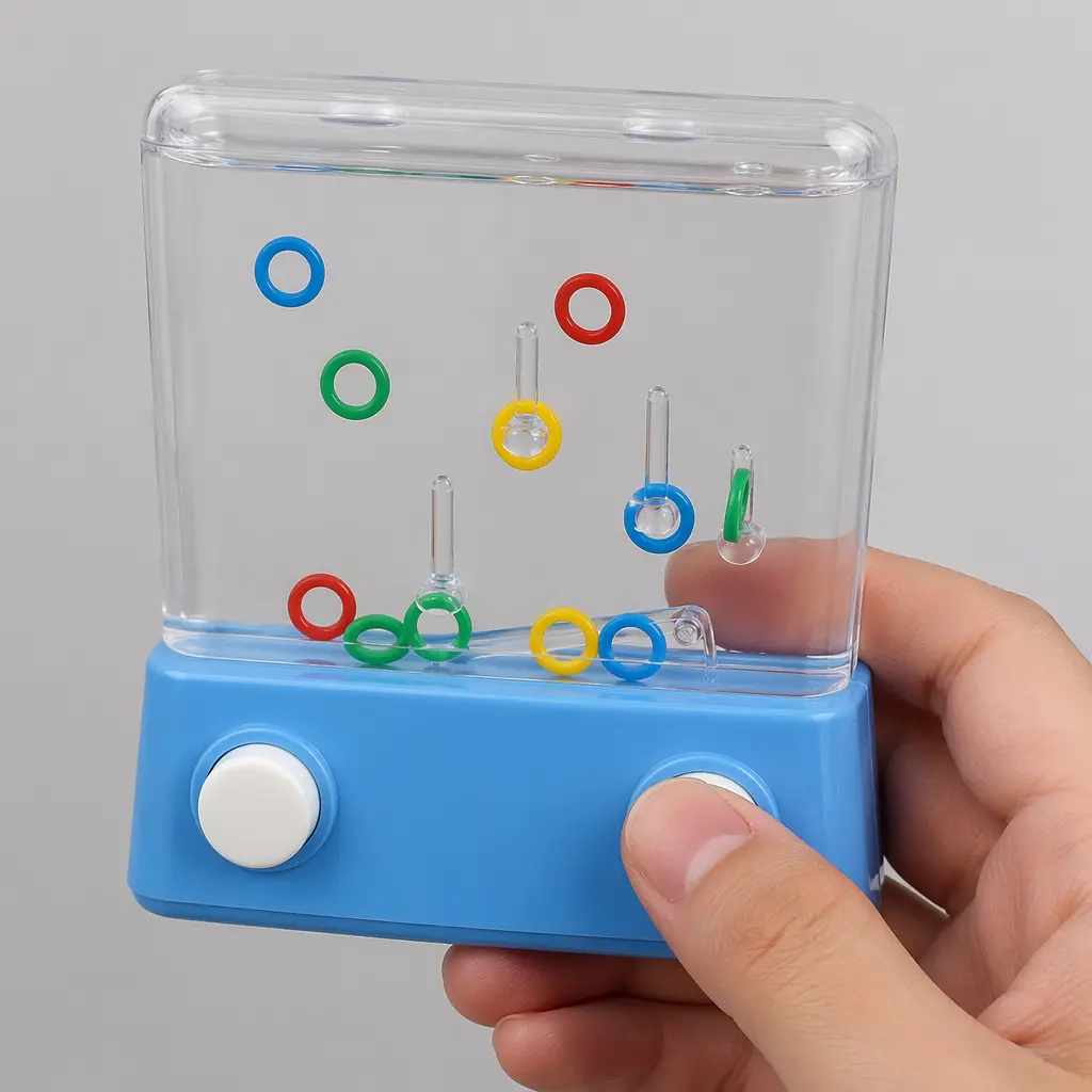 A handheld water ring toss toy with floating rings in a clear case