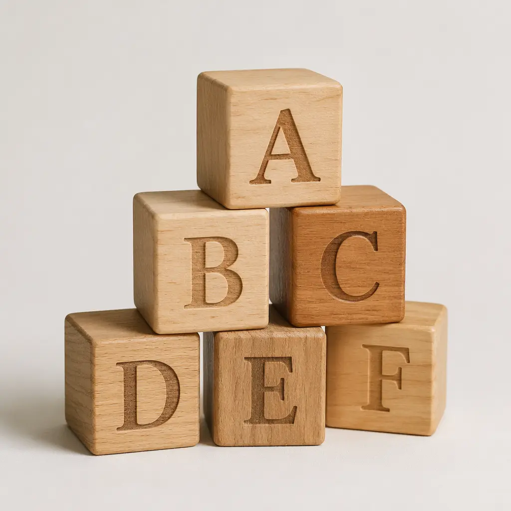 Stacked wooden alphabet blocks in a clean studio setting