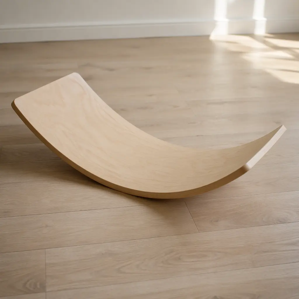 A curved wooden balance board resting on a light wood floor in a bright room