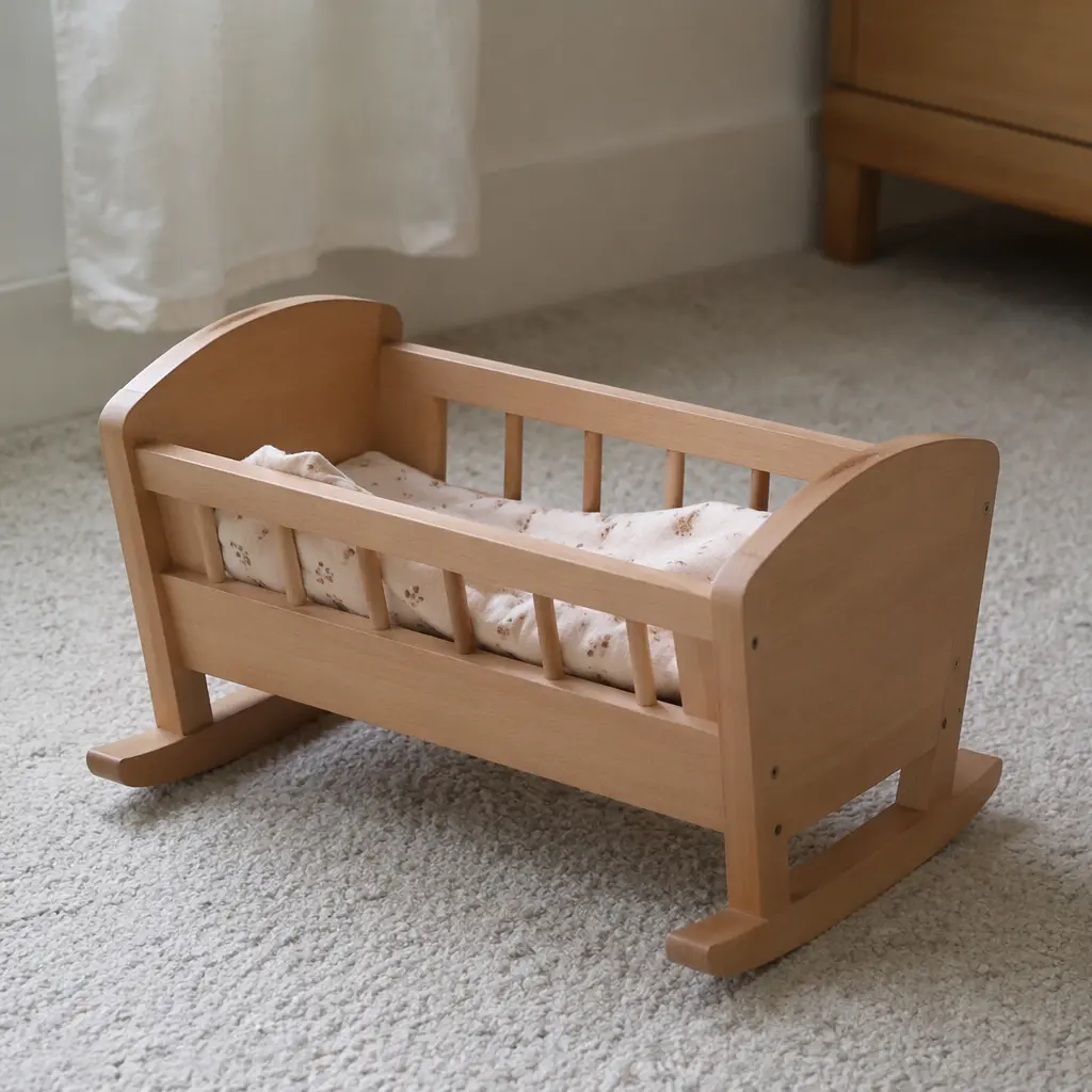 A simple wooden doll cradle with a blanket in a softly lit room