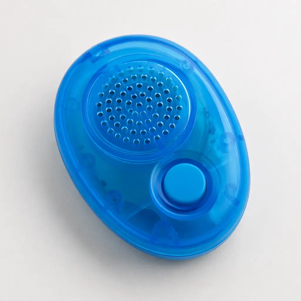 A simple handheld sound recorder toy with a single button and speaker grille
