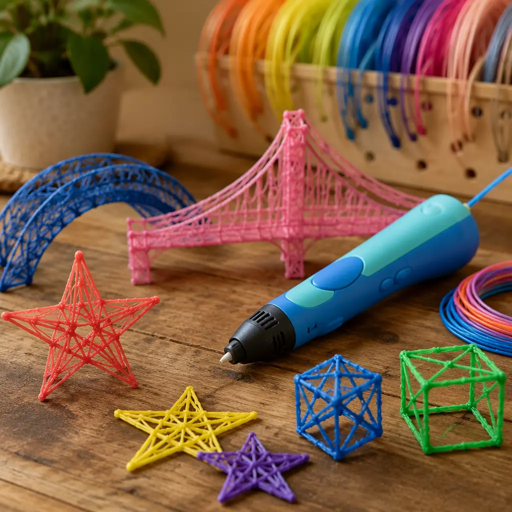 Child-safe 3D pen with handmade plastic sculptures on a craft table