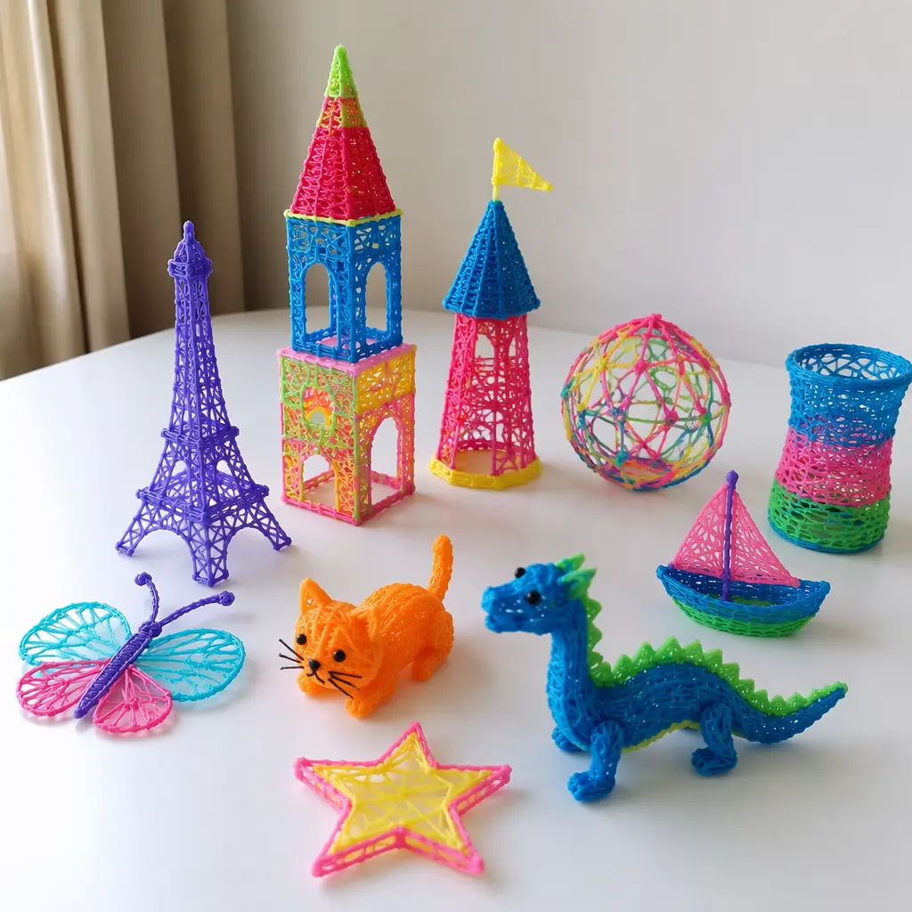 Handmade colorful models created with a child-safe 3D drawing pen