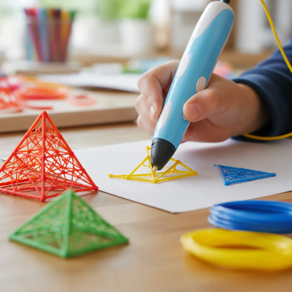 Kid-safe 3D drawing pen creating colorful plastic shapes on a craft table