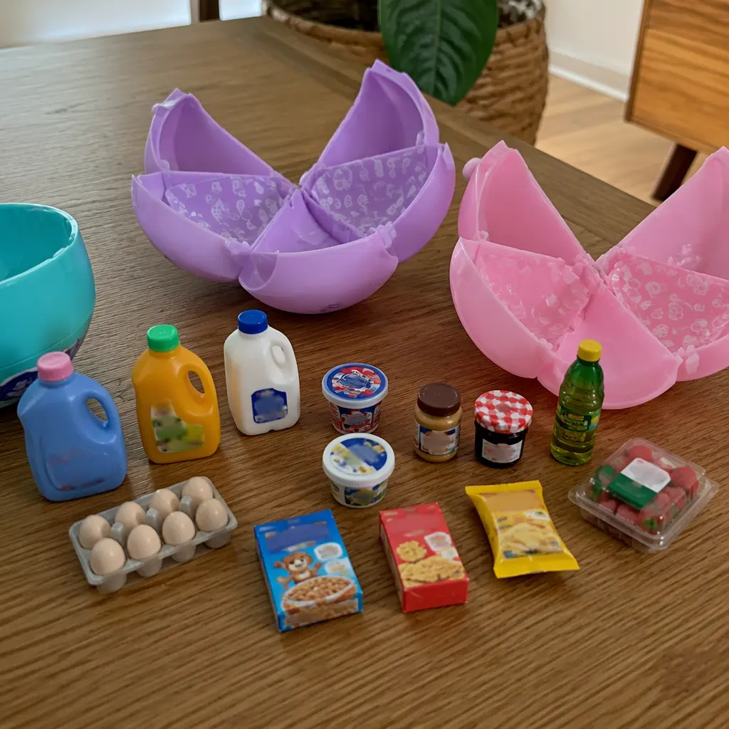 Miniature grocery-style collectibles displayed beside opened toy capsules