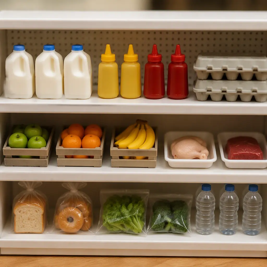 Miniature grocery-style collectibles arranged on toy store shelves