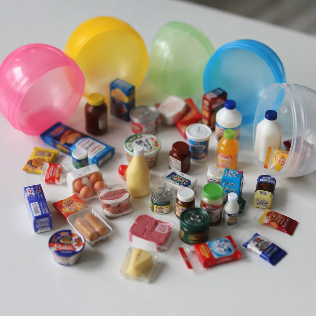 Tiny grocery-style collectible miniatures scattered beside opened surprise capsules on a tabletop