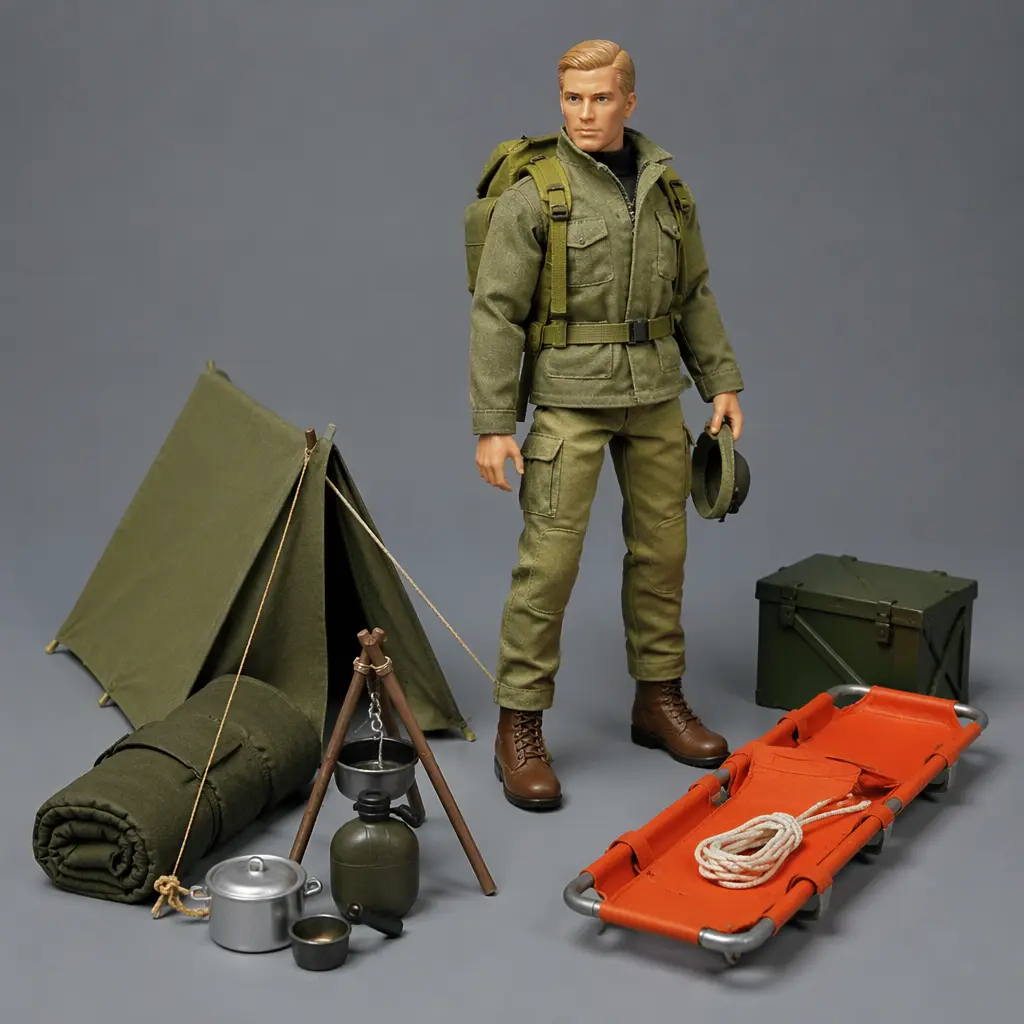 Vintage-style articulated action figure with outdoor adventure accessories in a studio setting
