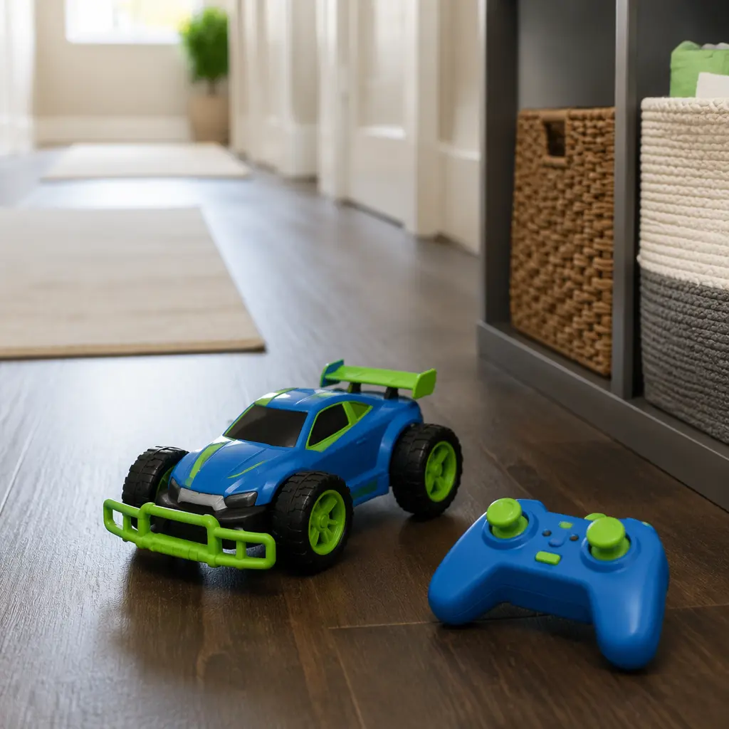 Simple remote control car and controller on an indoor floor