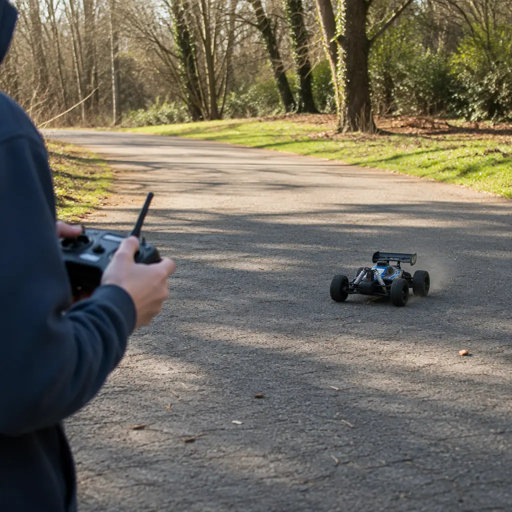 Beginner-friendly RC buggy on a paved outdoor path