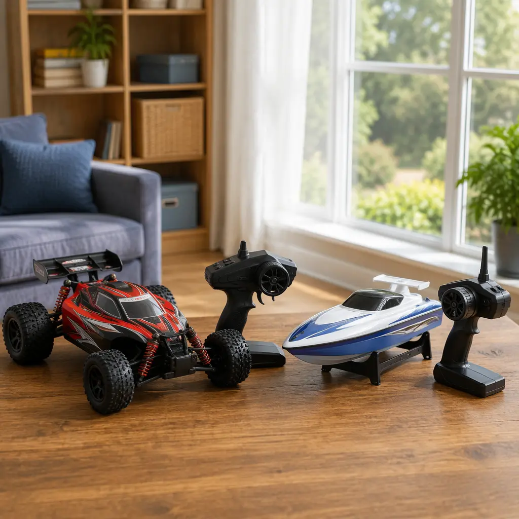 Beginner-friendly app-free RC toys with handheld controllers on a table in natural light