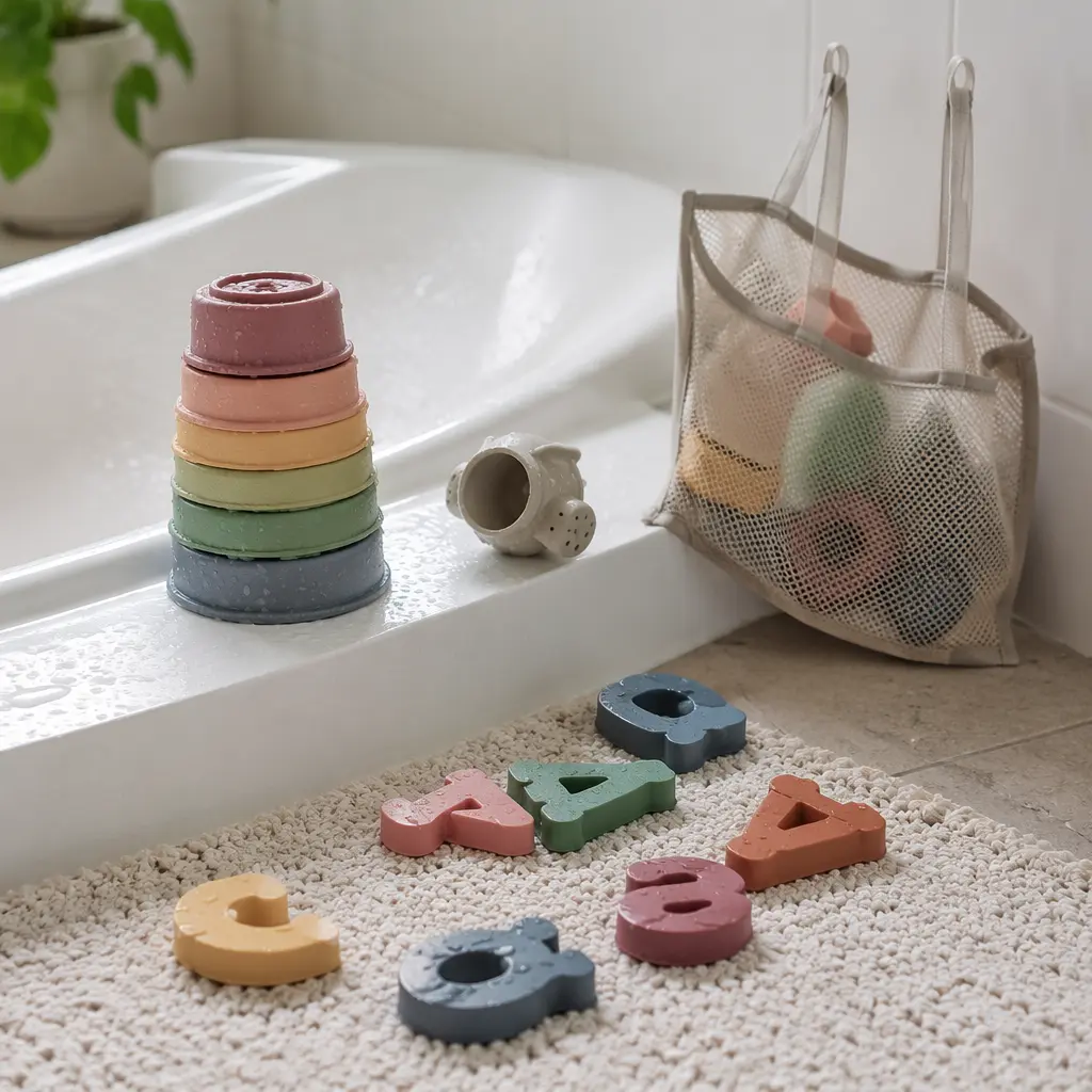 Open bath toys drying beside a bathtub in a mesh organizer