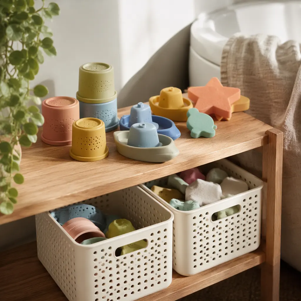 Toddler bath toys arranged to air dry on open shelving