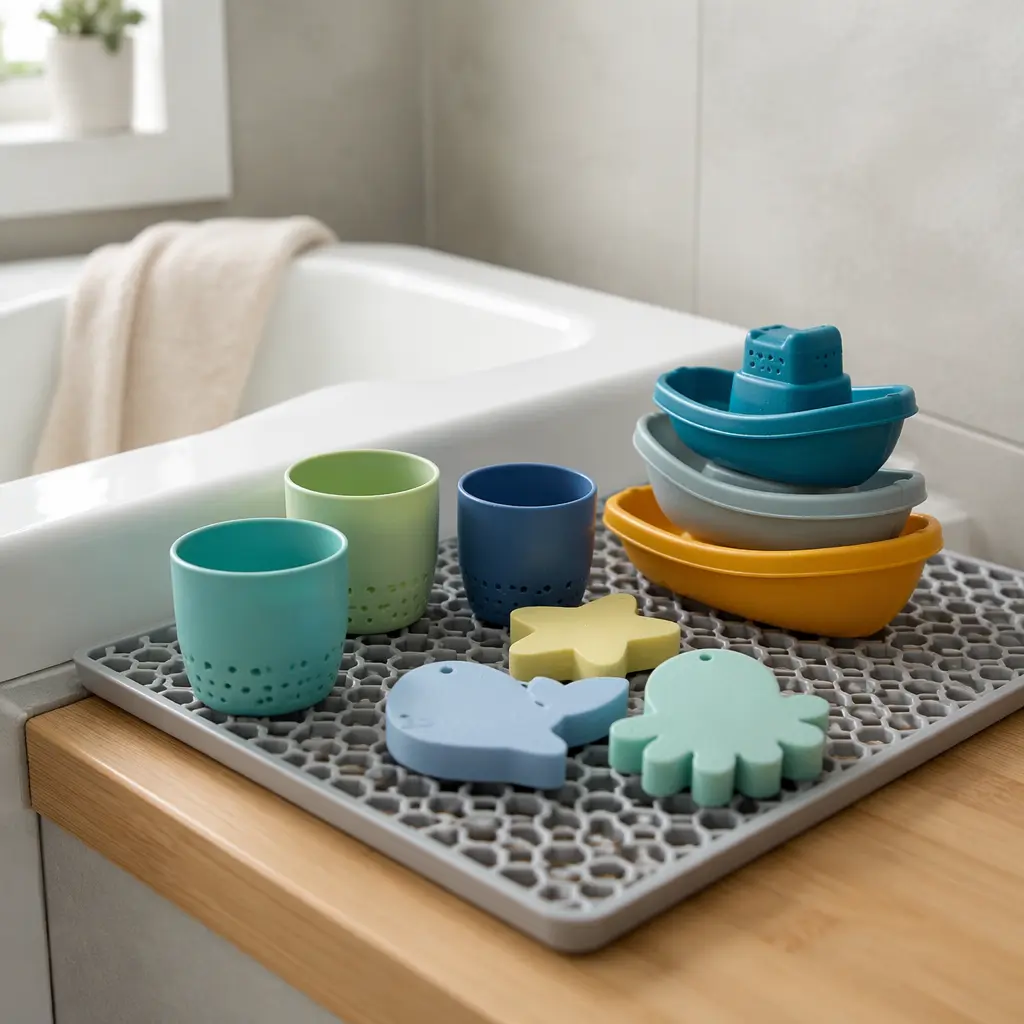 Toddler bath toys drying on a rack beside a bathtub in natural light