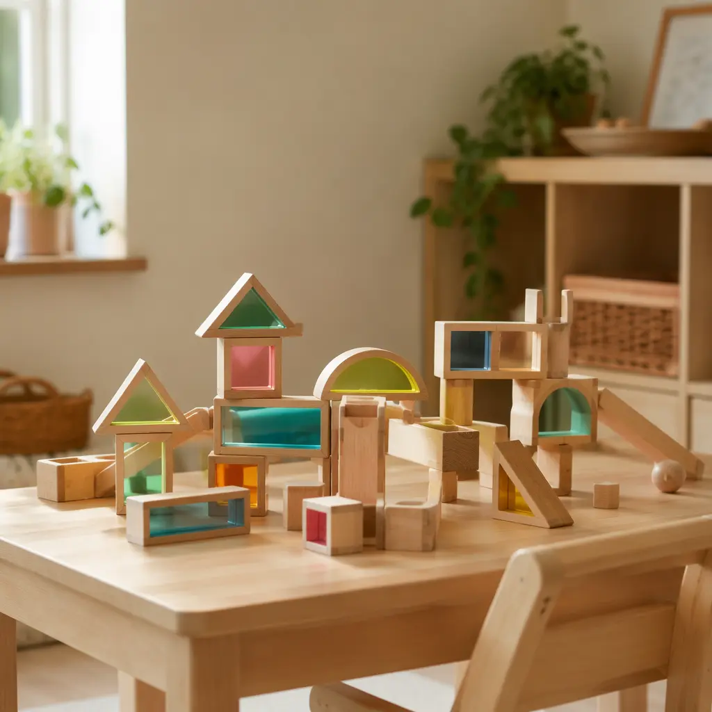 Wooden blocks with colorful transparent inserts displayed on a play table in a minimalist playroom